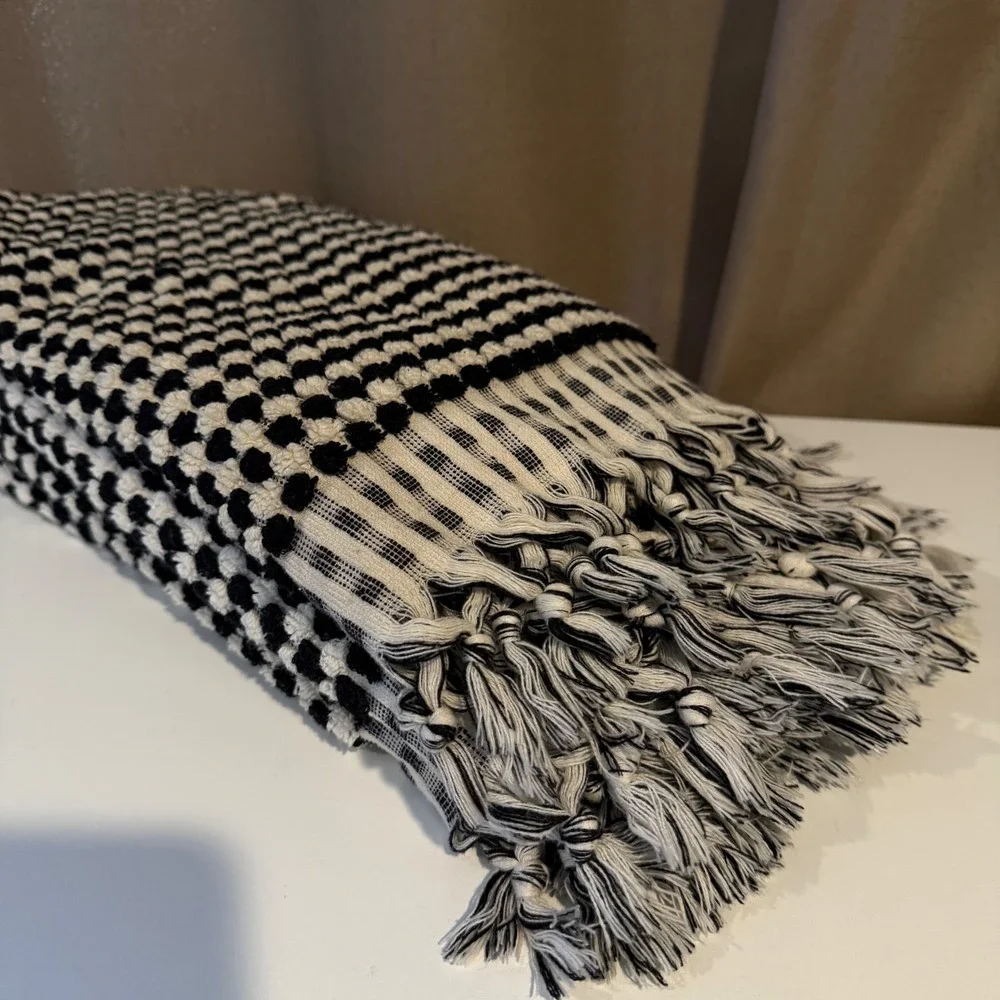 Black White Textured Turkish‎ Woven Hand Towel Tassels Set of Four